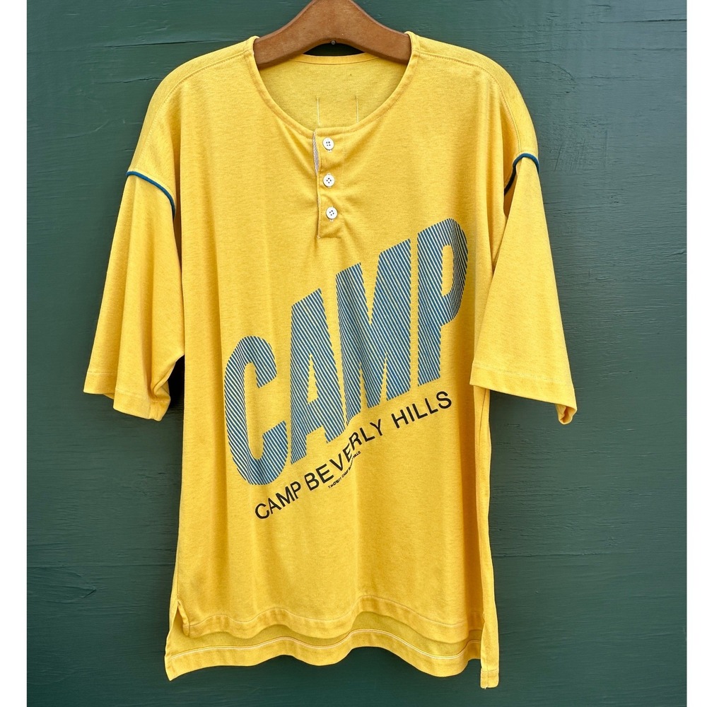 Vintage Camp Beverly Hills Yellow Henley Graphic T-Shirt 80 California Retro 2XL